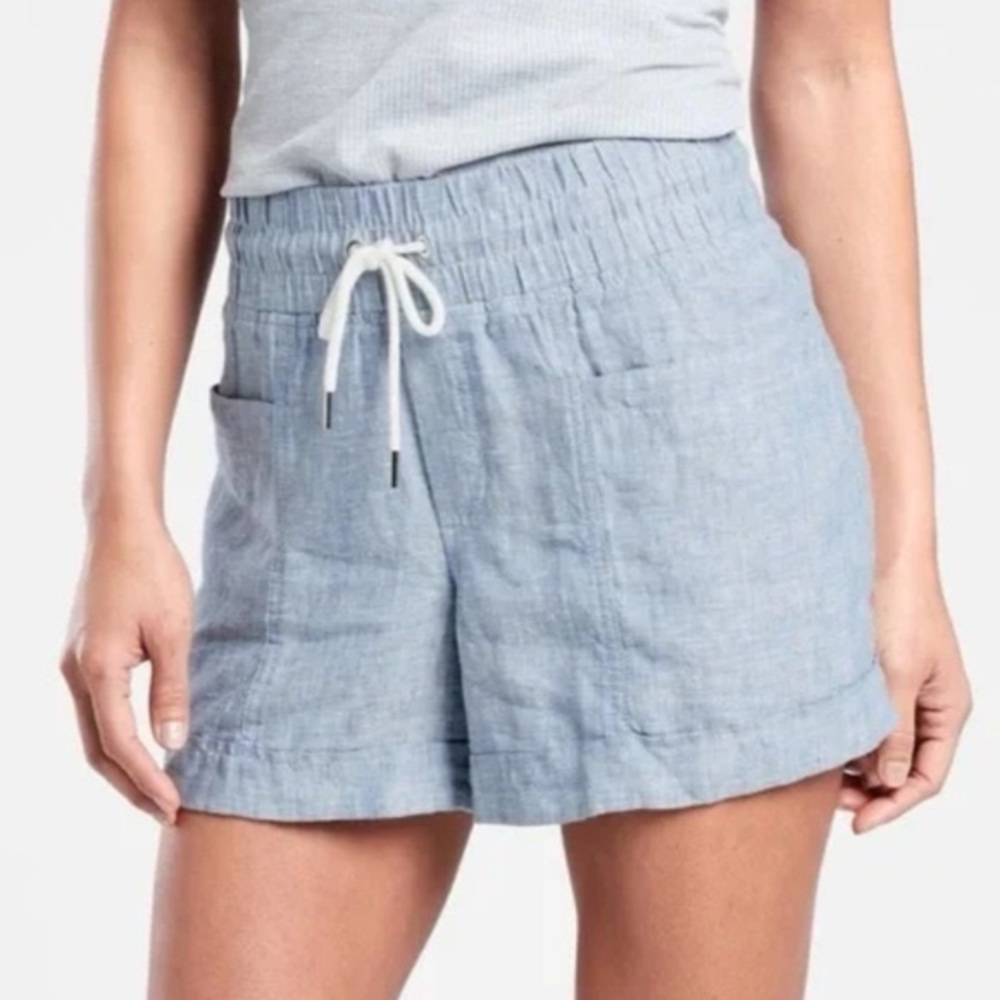 ATHLETA NWT Cabo Linen 4" Short Chambray Blue Pull-On Draw String Sz 10